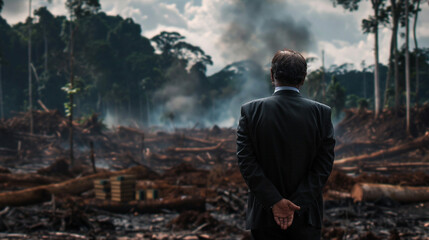 A once-beautiful forest or natural area now devastated by illegal logging or mining, allowed by corrupt officials.