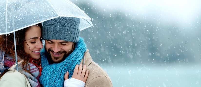 Happy couple in winter clothes sharing an umbrella in a snowy landscape, smiling and enjoying the moment.