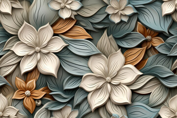 Seamless pattern of 3D embossed flowers and leaves in beige, blue, and orange colors.
