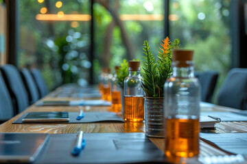 Well-arranged seminar room featuring plants and refreshments on table
