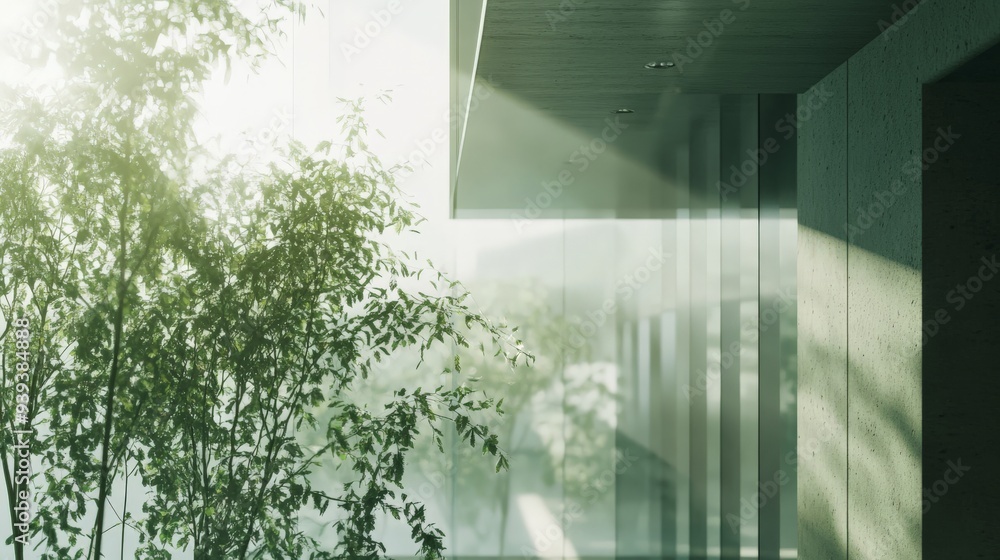 Poster sunlight streaming through modern architectural glass building with green trees, creating a serene a