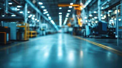 A blurred view of an industrial workspace with machines and lighting.