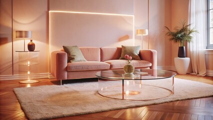 A minimalist living room features a glass table with rounded edges, centered on a thick, plush carpet. The walls are painted in soft pastel pink, exuding a peaceful and inviting atmosphere. Subtle