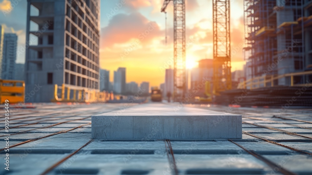 Poster sunset view of an urban construction site with active cranes and tall buildings in progress, showcas