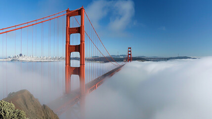 The Golden Gate Bridge partially shrouded in the famous San Francisco fog, with its red towers piercing through the mist. The view is taken from a distance, showing the bridge spanning the bay