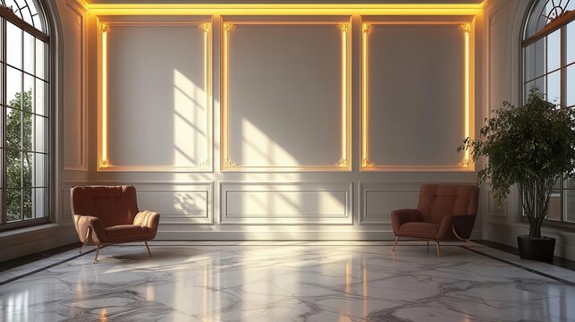 elegant white paneled wall with soft hidden lighting creating depth and sophistication minimalist luxury interior design concept