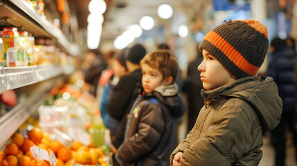 A food bank in a developed country where a long line of people, including children and the elderly, are waiting for donations. In the background, expensive restaurants and grocery stores are visible