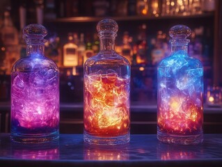 enchanted mixology lab with floating liquid ingredients alchemical reactions creating swirling colorful potions and magical ice sculptures as glassware