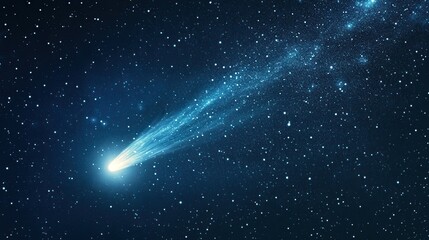 A bright comet streaking through a star-filled night sky.