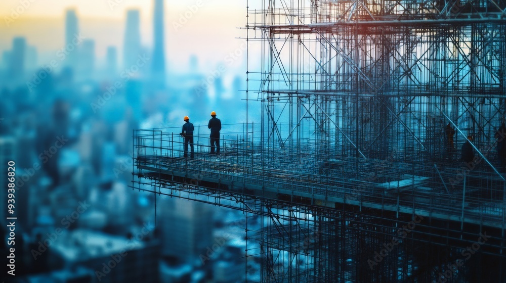 Poster two construction workers surveying a building site at dawn with an urban skyline backdrop, surrounde