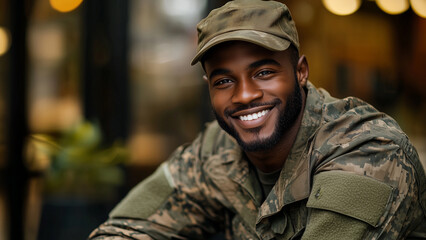 Fototapeta premium African Black Man Military - soldier, military, uniform, army, camouflage, smile, cap, confident, outdoors, service, defense, male, young man, professional, personnel