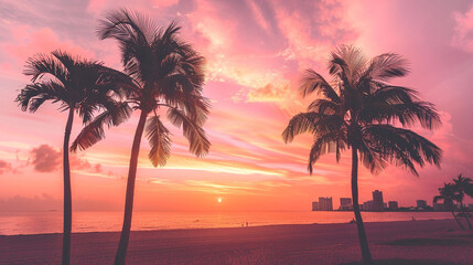 A serene view of Miami Beach at sunrise, with palm trees silhouetted against the pink and orange sky. 