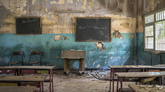 A school where students sit in a dilapidated classroom with broken desks, peeling walls, and outdated textbooks.