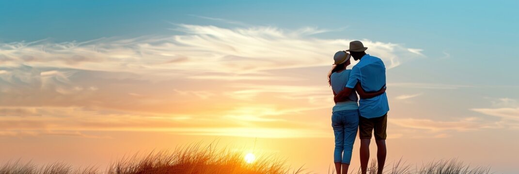 Senior couple hugging and watching a beautiful sunset together on a beach, symbolizing love, tranquility, and the beauty of nature.
