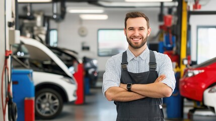 A welcoming car repair shop is bustling with activity as a male worker stands confidently, smiling while surrounded by vehicles awaiting service and repairs