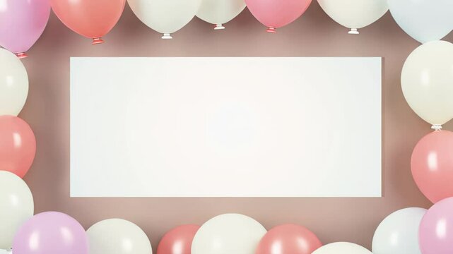 festive frame of pastel-colored balloons surrounding a blank white rectangle, ideal for celebration announcements or invitations, set against a soft, neutral background