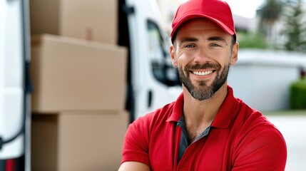 Smiling delivery driver in red uniform standing in front of a van with packages ready for delivery, representing efficient courier service.