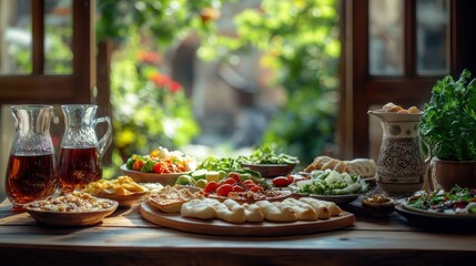 Fototapeta premium Cozy Turkish Breakfast with Tea in Tulip-Shaped Glasses