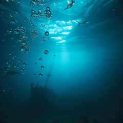 Sunken Shipwreck in a Deep Blue Ocean with Rising Bubbles