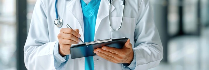 Doctor in a white coat writing on a clipboard, representing medical professionalism, healthcare, and patient care.
