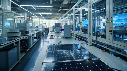 Fototapeta premium Inside a state-of-the-art research facility where engineers are developing new solar panel technologies. A group of engineers is testing the efficiency of solar cells 