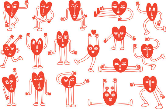 Funny retro bright groovy hearts, line illustration of playful love hearts for valentine's day