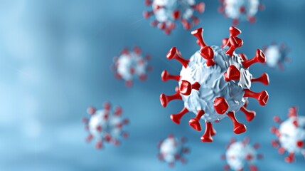 Microscopic view of COVID-19 virus cells, 3D rendering. Concept for coronavirus, infection, pandemic, and health crisis.