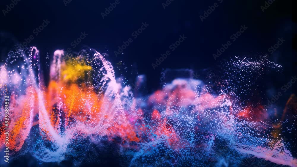 Poster abstract moving futuristic landscape of particles and dots of energy magic with glow and blur effect