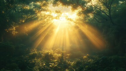 Fototapeta premium enchanting forest scene with golden sunbeams piercing through a canopy of lush green leaves creating a magical interplay of light and shadow on the misty forest floor