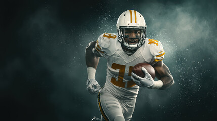 Running football player in action, showcasing determination and focus. 