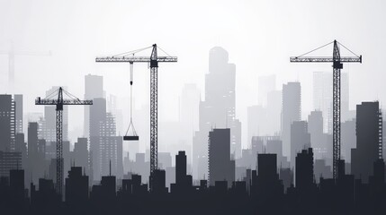 Urban skyline with construction cranes silhouettes, illustrating city development and growth amid high-rise buildings on a foggy day.