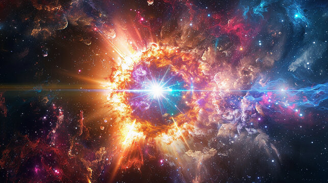 A vivid depiction of a supernova explosion in a distant galaxy, with brilliant colors and intense light radiating outward. 