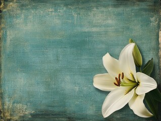 Sympathy Frame. White Lily Border Invitation Template with Rustic Grunge Jade Green Texture