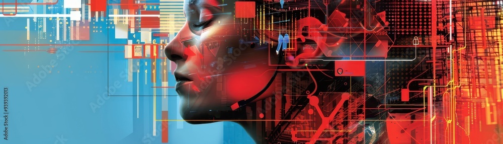 Aufkleber abstract digital art of human profile blending with futuristic technology interface, symbolizing ai 