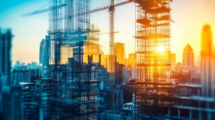 Vibrant cityscape with modern skyscrapers under construction during a golden sunset, highlighting the urban development and architecture progress.