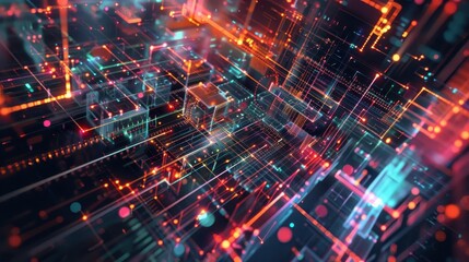 Abstract digital data visualization, technology background concept with colorful geometric lines, dots, glowing connections.