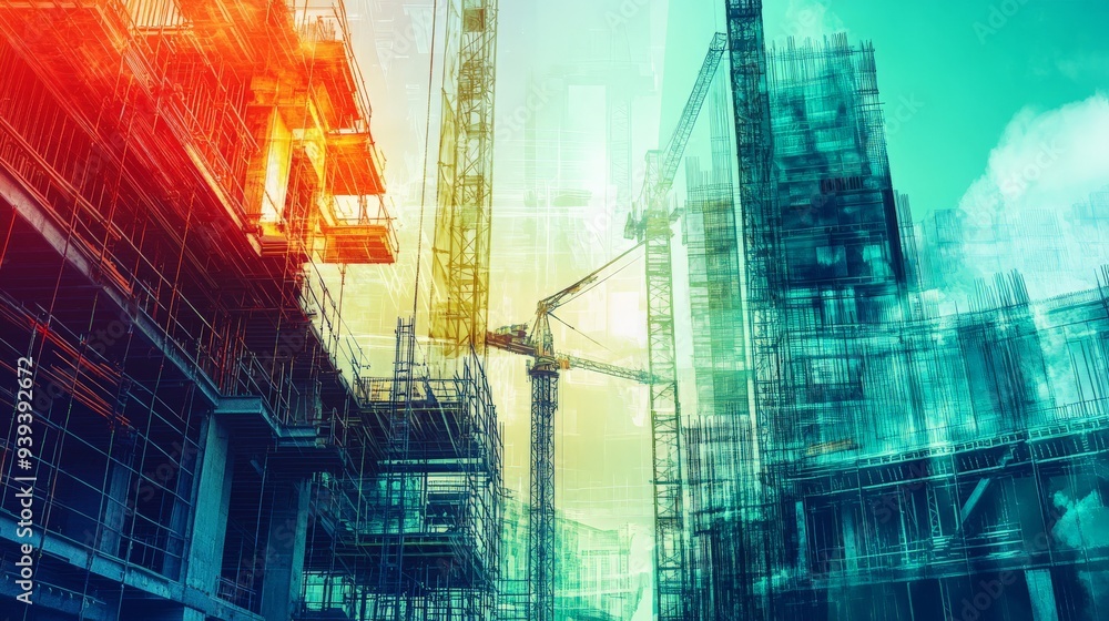 Poster vibrant construction site with cranes and partially built structures, showcasing the dynamic progres