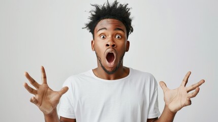 Surprised African American Guy with Opened Mouth and Raised Hands