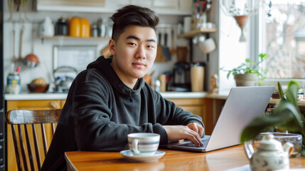 Fototapeta premium A young adult sitting at a dining table with a laptop and a cup of tea