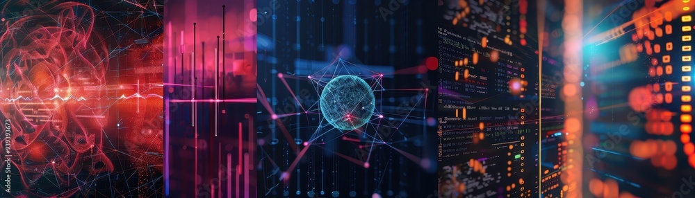 Poster abstract digital technology background with vibrant colors and futuristic patterns, suitable for tec