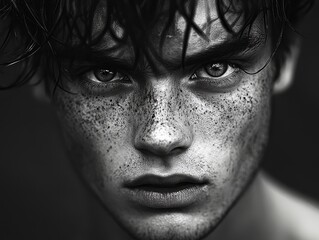 Naklejka premium Closeup Black White Portrait A mans intense gaze through shadowed hair freckles and a determined expression
