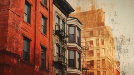 Vintage cityscape of urban buildings with a nostalgic, sepia-toned filter, highlighting architecture and fire escapes in the golden hour.