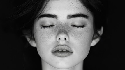 Fototapeta premium Closeup Black White Portrait Freckled Face with Closed Eyes Emphasizing Skin Texture and Intimate Perspective