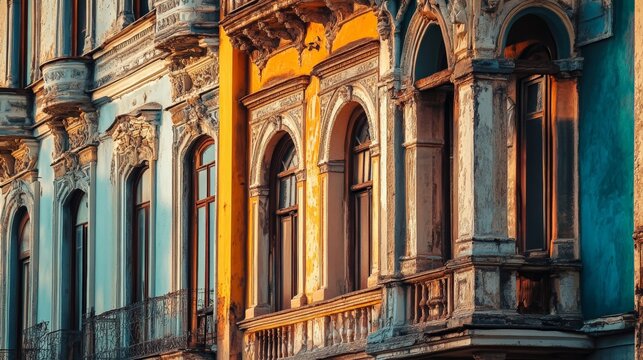 Vintage European architecture with ornate balconies and windows, bathed in the warm glow of sunset. Historical urban beauty.