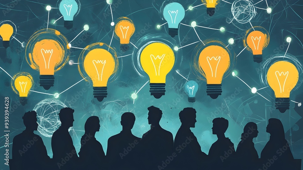 Poster stylized of a group brainstorming with sketchy lightbulb doodles