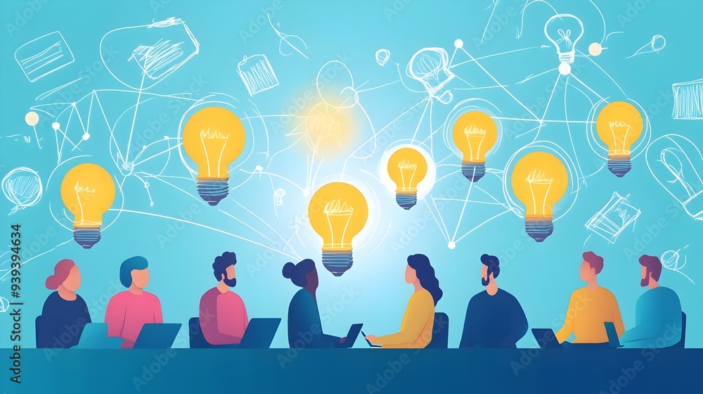 Poster stylized of a group brainstorming with sketchy lightbulb doodles and connecting lines
