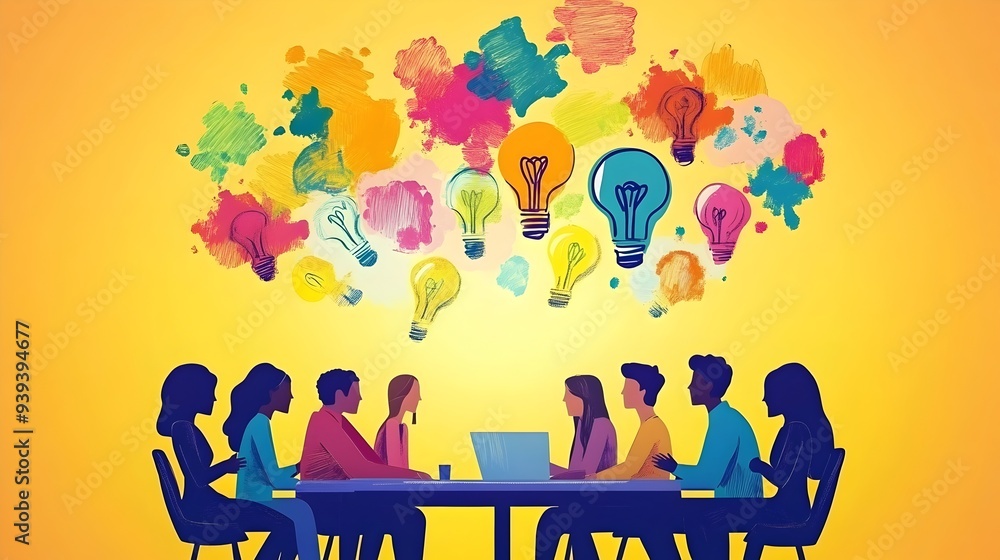 Aufkleber vibrant of diverse team brainstorming with floating lightbulb doodles