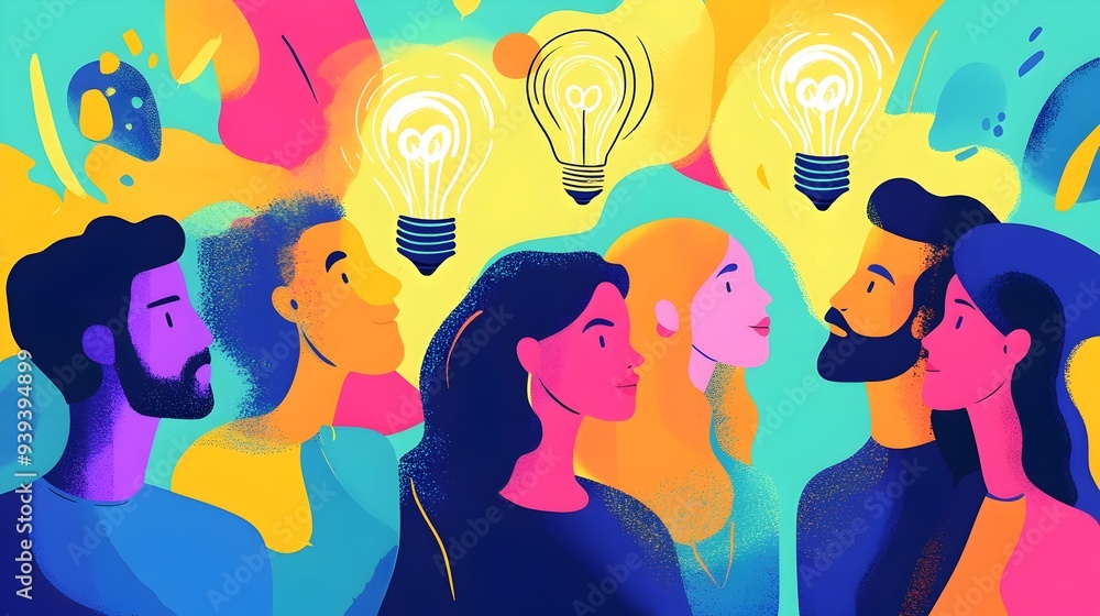 Poster creative team brainstorming with glowing lightbulb doodles in bright abstract