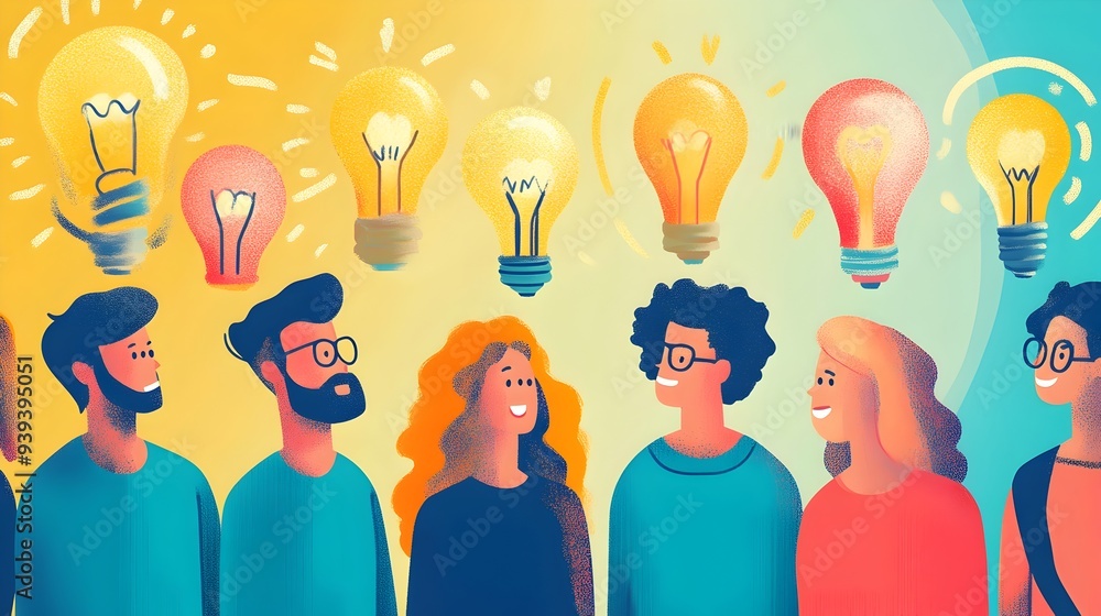 Poster inspired team brainstorming session with glowing lightbulb doodles in abstract