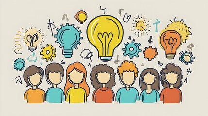 Fototapeta premium Playful of a Diverse Team Brainstorming with Lightbulbs,Arrows,and Gears for Innovative Ideas and